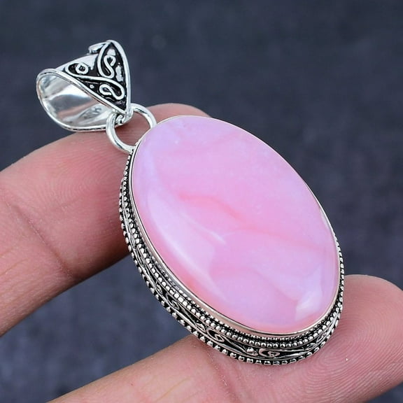 Natural Pink Opal Gemstone Handmade 925 Sterling Silver Pendant 2.05"