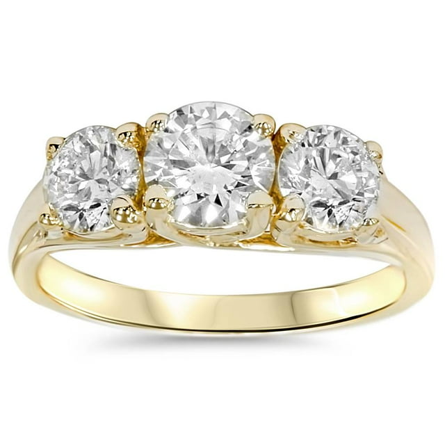 Bague de Fiançailles 2ct Diamant Rond 3 Pierres Or Jaune 14K
