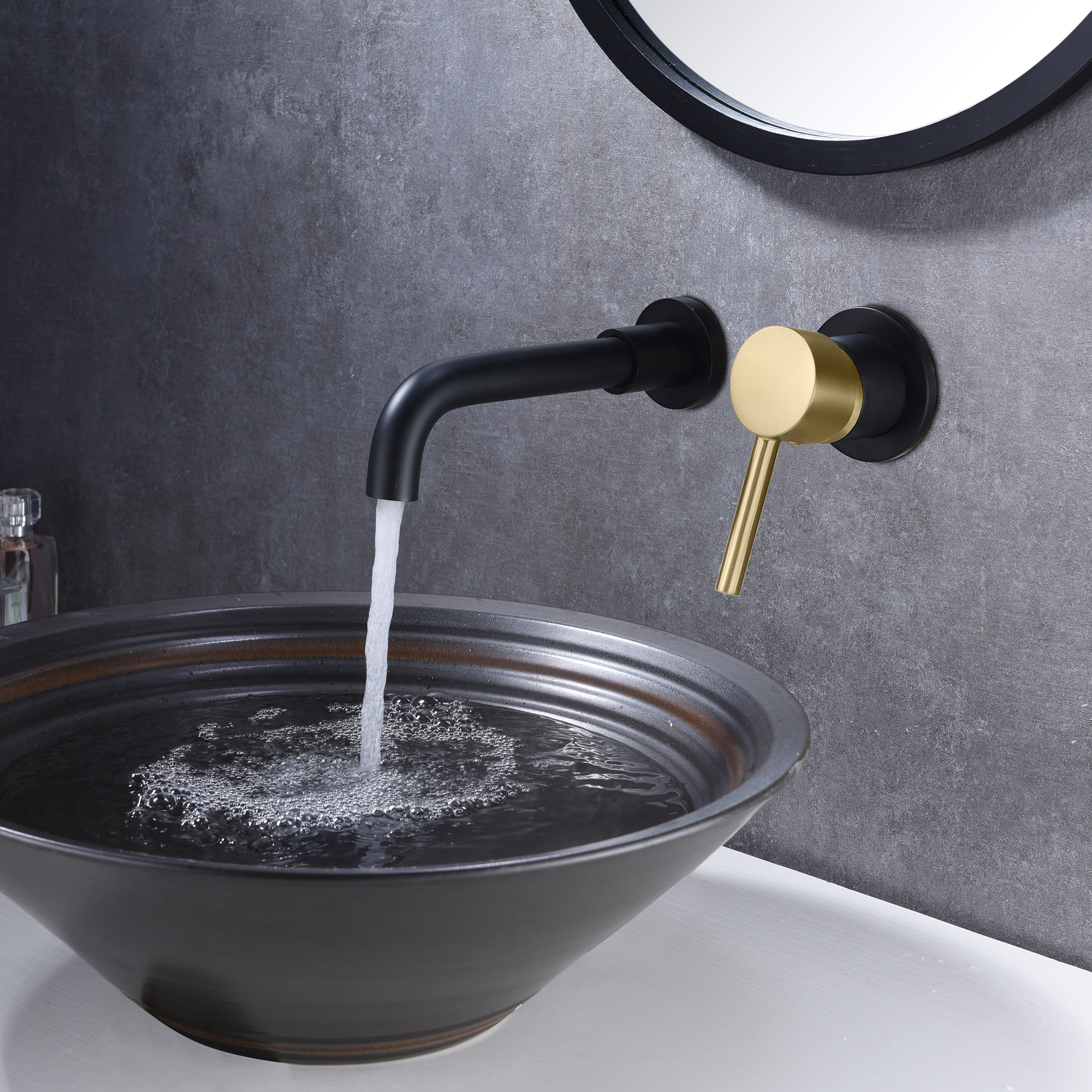SUMERAIN Wall Mount Bathroom Faucet Black and Gold Wall Mount Faucet for Bathroom Sink, with Two Handles and Rough in Valve