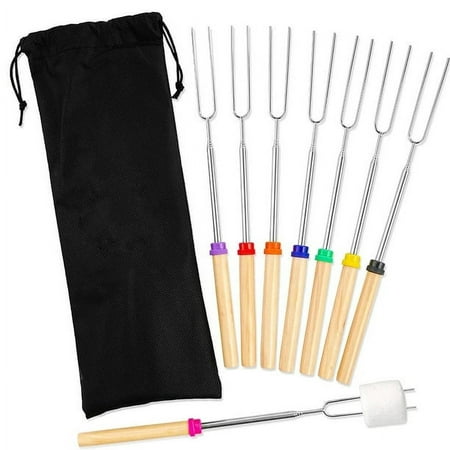 

Extendable Marshmallow Roasting Sticks - Set of 8 Telescoping Smores Skewers & Hot Dog Forks with Wooden Handle For Fire Pit Campfire - 32 inch Stainless Steel BBQ Kit For Outdoor Camping