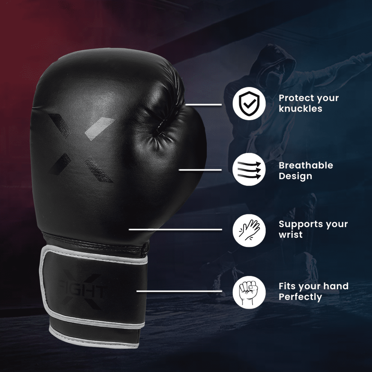 FightX Boxing Gloves for Men & Women MMA Mauy Thai Kickboxing Bag Punching Gloves (Full Black, 16oz)