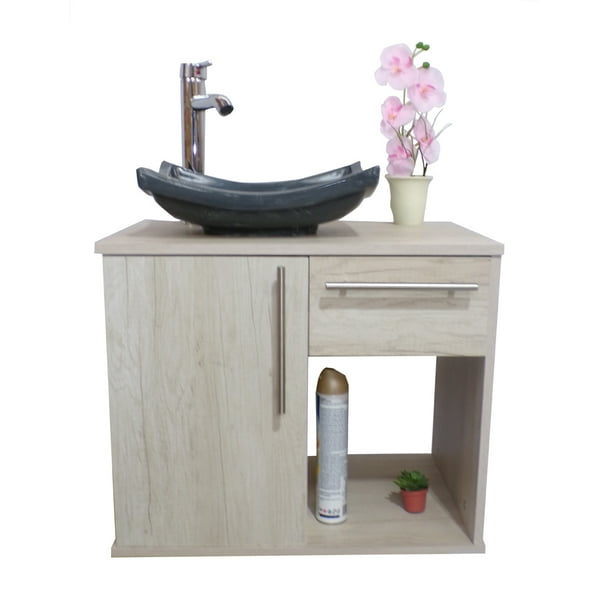 Gabinete para Baño DECOMOBIL con Puerta y Cajón con Lavabo y Monomando Encino Polar/Gris GABINETE 08