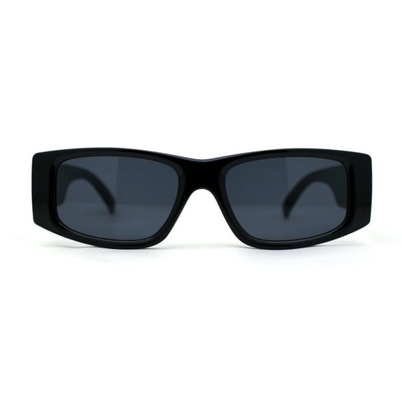 Mod Narrow Rectangle Plastic Thick Temple Minimal Sunglasses All Black