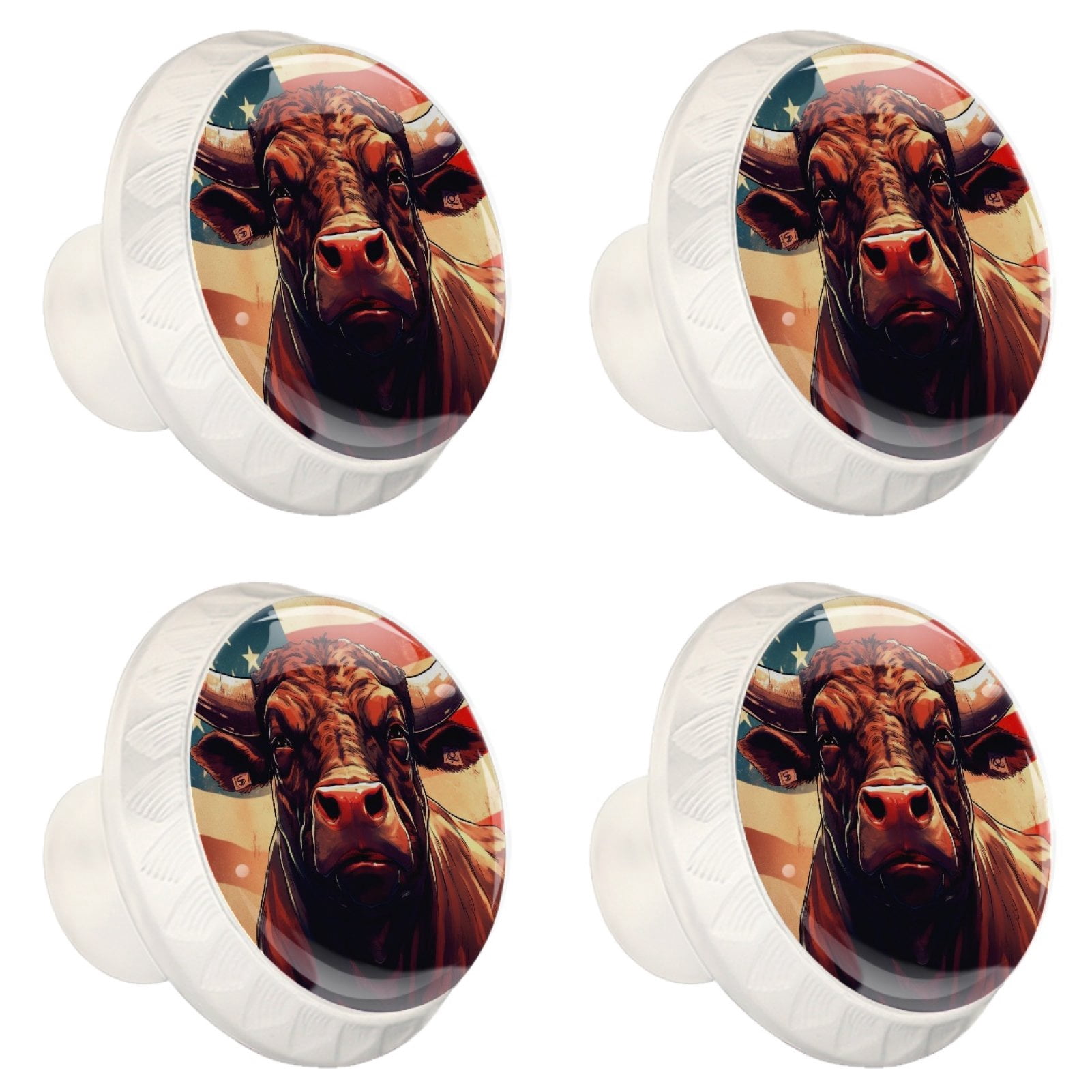 4 Pcs Cow American Flag Knobs for Kitchen Cabinet Cupboard Dresser Bookcase Drawer Pulls Handles Round Home Decor