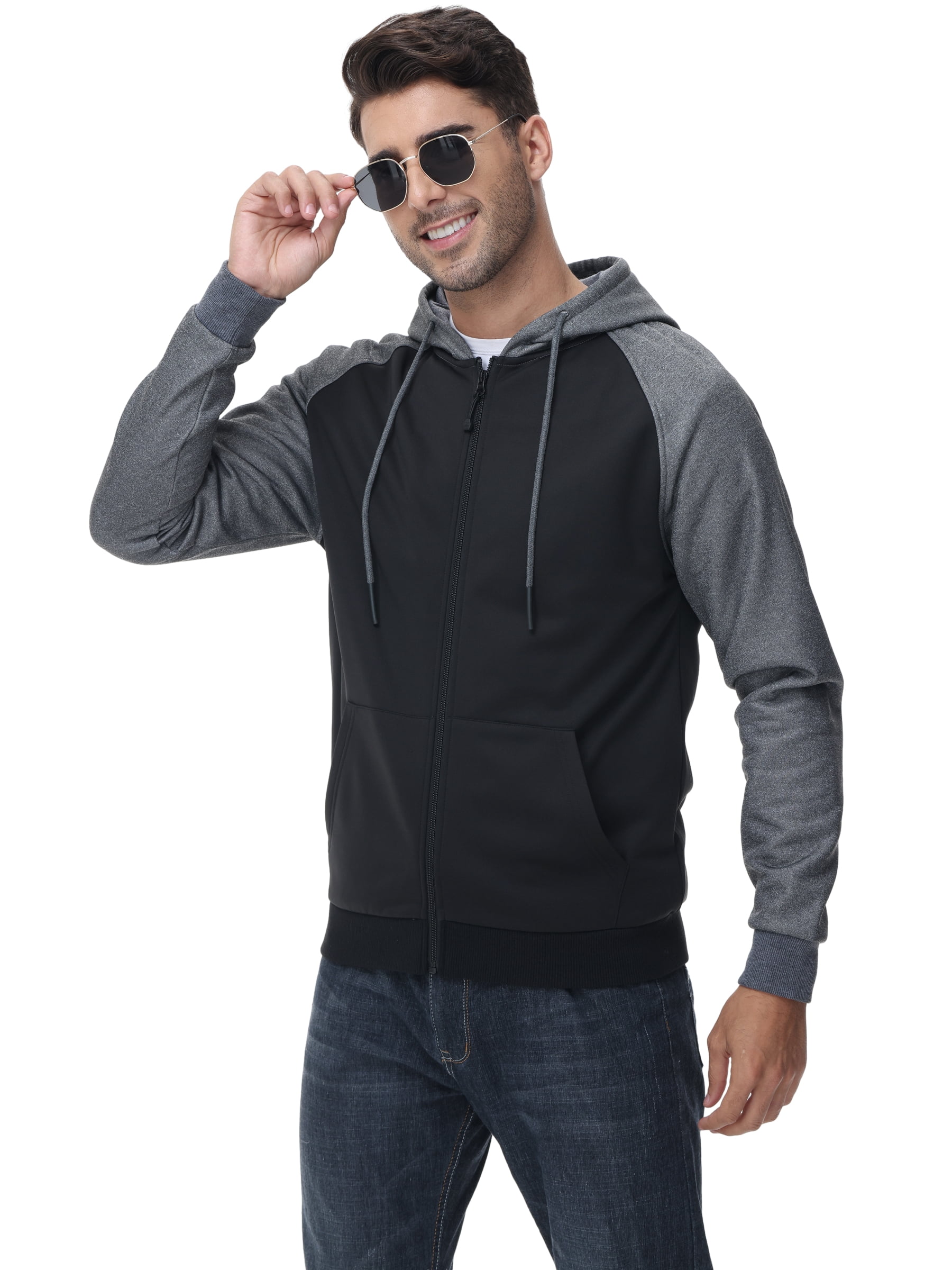 Weilanxin Men's Color Block Pullover Fleece Hoodie Casual Hooded Sweatshirts Tops Full Zip Jacket with Pocket Athletic Hoodies For Men Dark Grey Contrast Black M