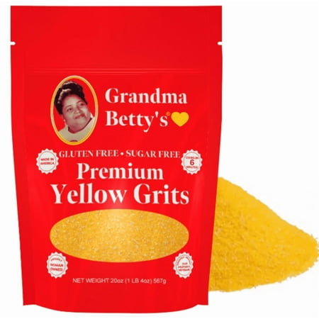 Grandma Betty's Yellow Grits, Gluten-Free, Sugar-Free, Sodium-Free, and Dairy-Free. Made in . Cooks in 6 Minutes. 20oz. Bag