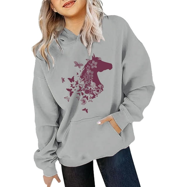 Chandail à Capuche Graphique Cheval Mignon pour Filles Manches Longues Décontracté pour Enfants