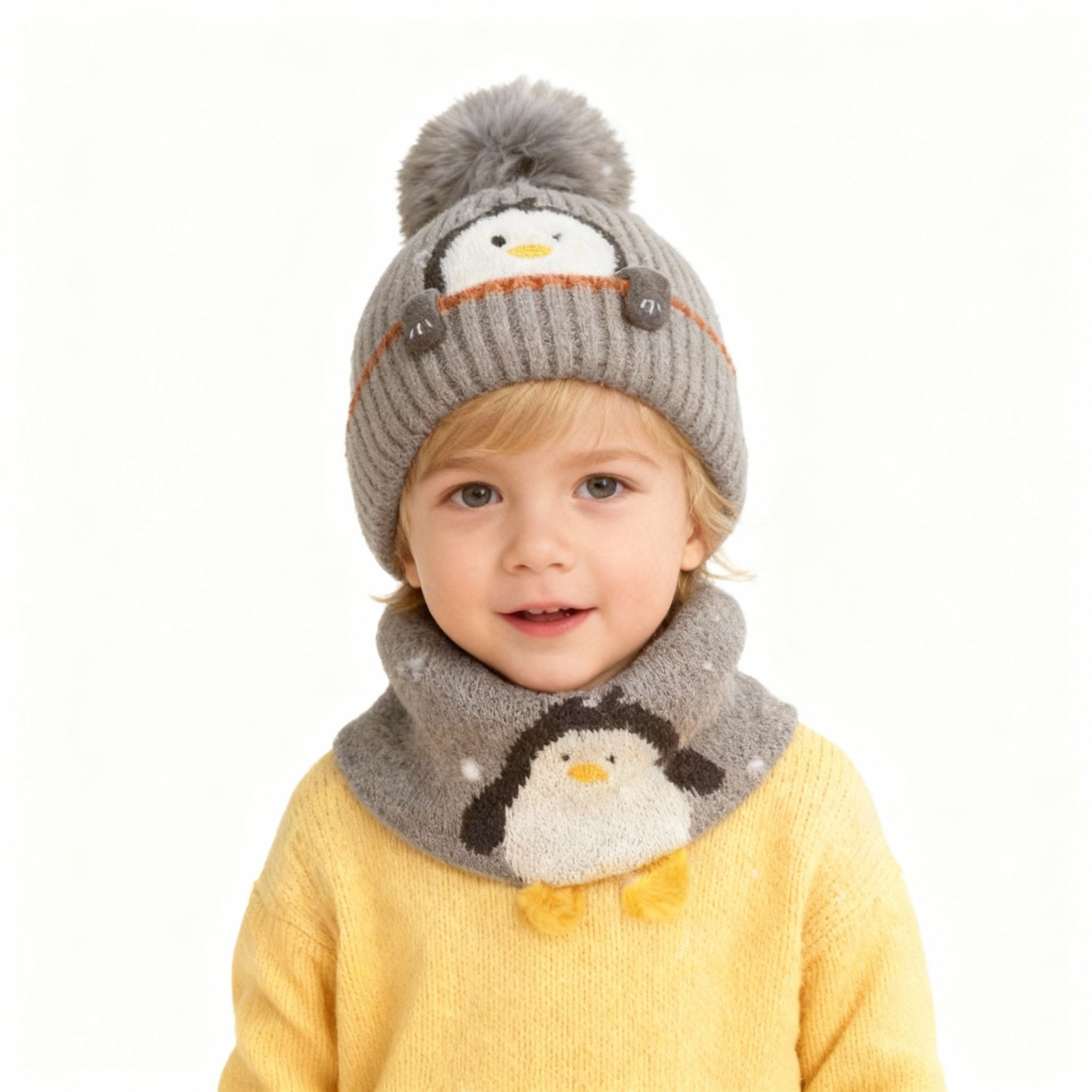 Baby Kids Winter Warm Hats, Infant Toddler Children Pom Pom Beanie Knit Cap Girls Boys-2 piece