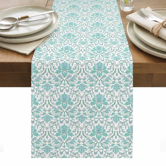 Green Flowers Table Runner - 72 Inch Long, Kitchen Dining Table Runner Dresser Scarves, Boho Ethnic Abstract Floral Texture Farmhouse Decor for Coffee Tables Wedding Party Banquet