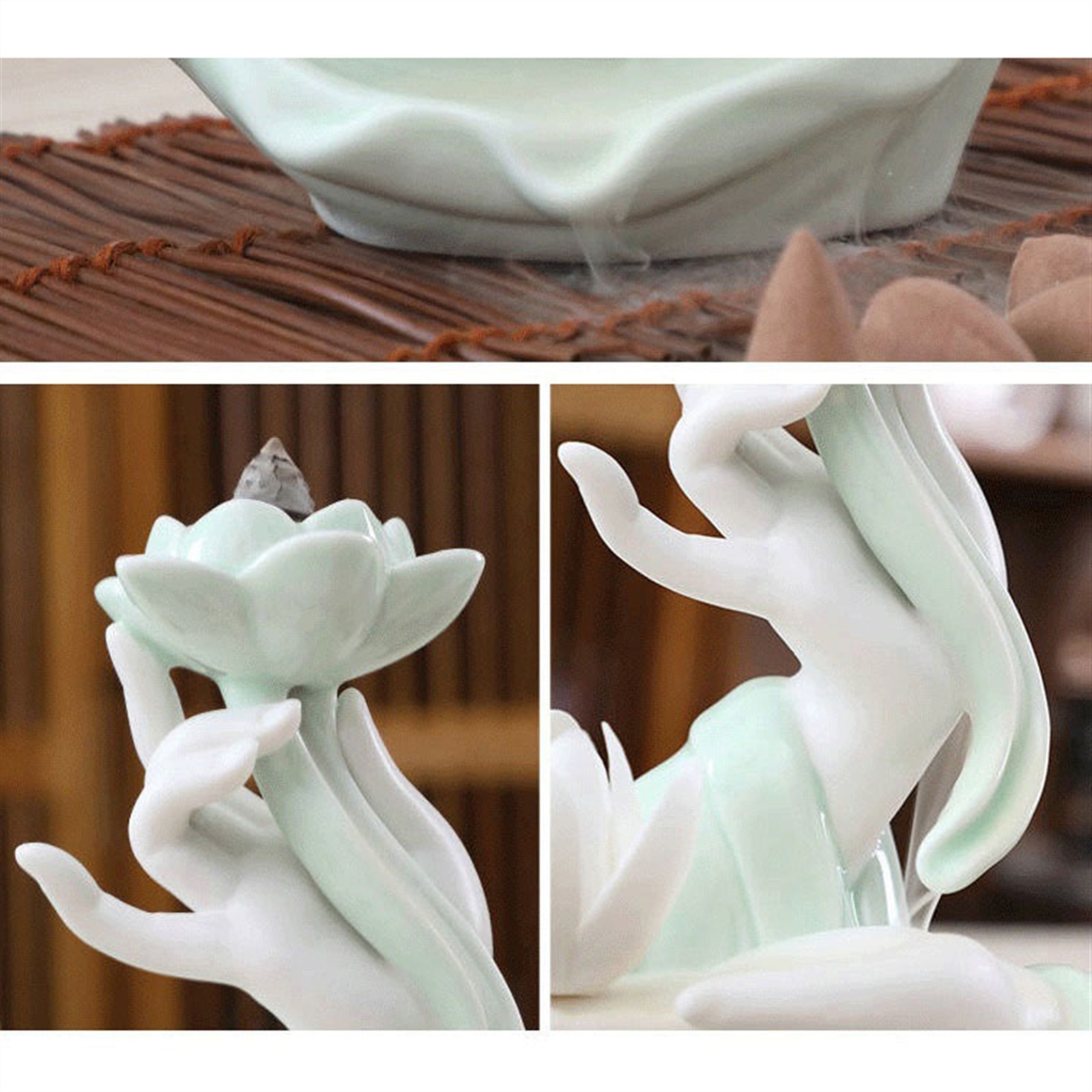 Celadon Reverse Flow Incense Burner Creative Handheld Lotus Shaped Zen Decorative Ornaments Holder