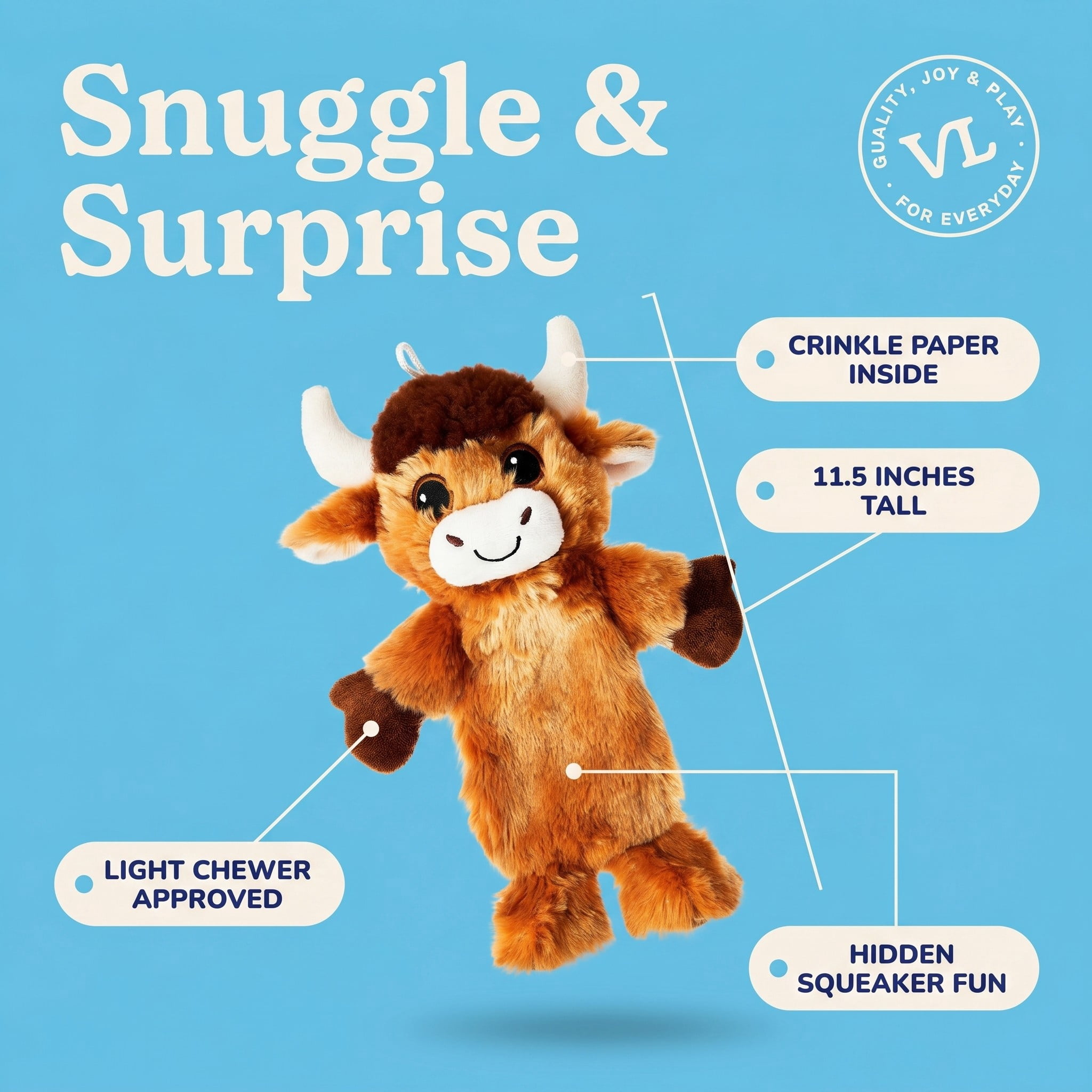 Vibrant Life Brown Longhorn Plush Dog Toy with Crinkle and Squeaker, Chew Level 2