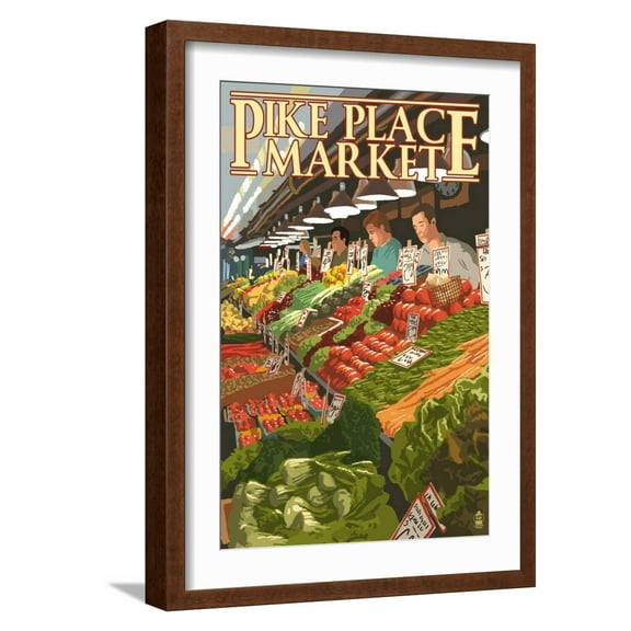 Art.com Pike Place Market Produce - Seattle, WA Art Print by Lantern Press, Brown Frame Wall Art, 17" x 23"