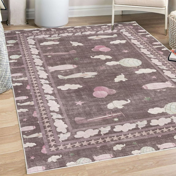 Cartoon Decorative Rug, Vintage Air Planes Hot Air Balloons Flying Happy Animal Clouds and Stars, Quality Carpet for Bedroom Dorm and Living Room, 6 Sizes, Dried Rose, by Ambesonne
