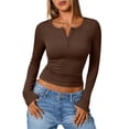 thumbnail image 2 of Women's Long Sleeve Shirts Henley Casual Fall Outfits Fitted Tops Ribbed Fashion Basic Tees Brown XXL, 2 of 8