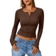thumbnail image 2 of Camisetas de Larga para Mujer, Estilo Henley, Informales, para Otoño Tops Ajustados, Camisetas Básicas de Canalé Marrón M, 2 of 8