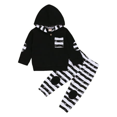 

Kucnuzki 6 Months Baby Boy Winter Outfits Pants Sets 12 Months Long Sleeve Contrast Stripe Prints Hooded Sweatshirt Tops Elastic Stripe Prints Cozy Pants 2PCS Set Black