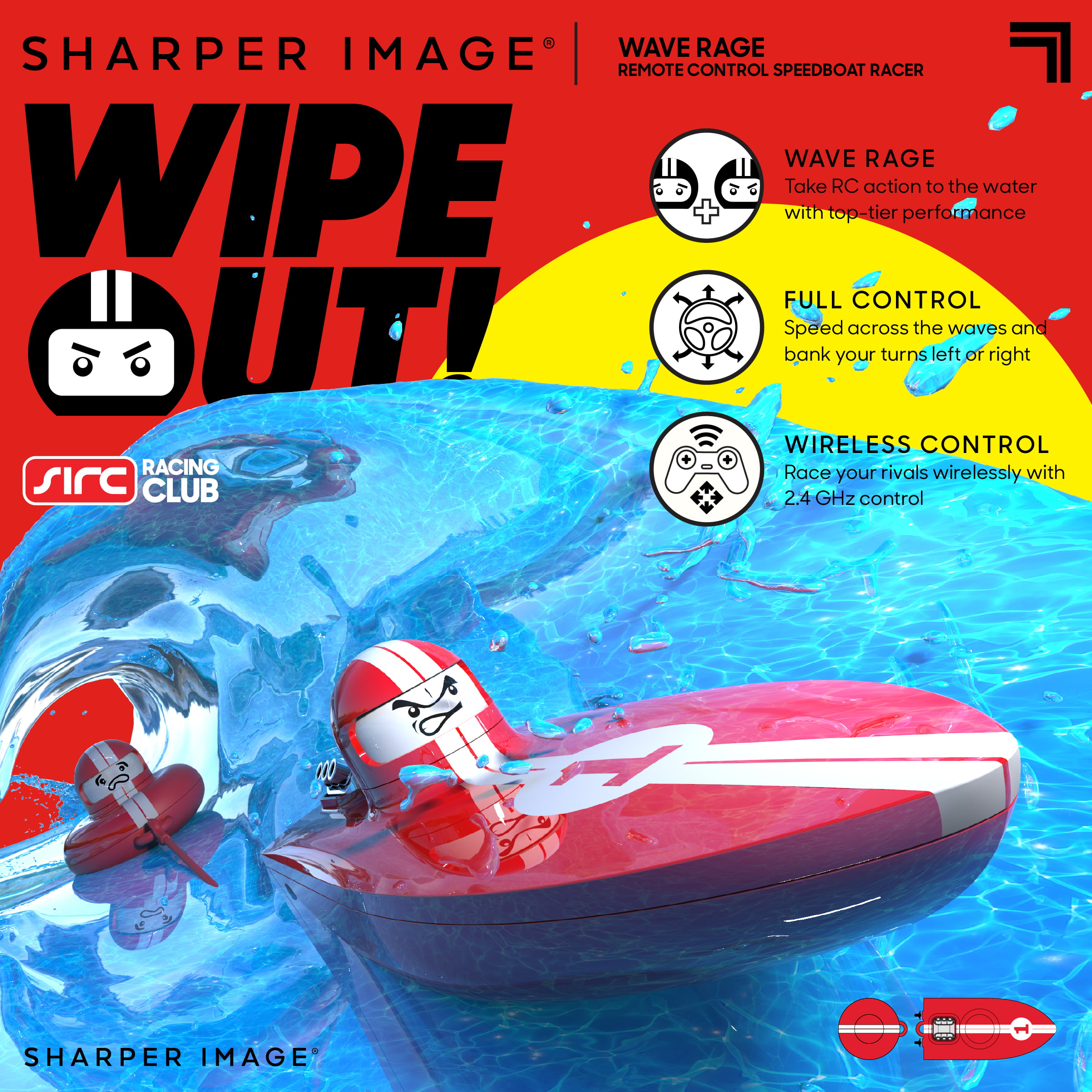 THE SHARPER IMAGE RC Wave Rage, Wireless Rechargeable Bumper Boat with Tow  Rider - Red 