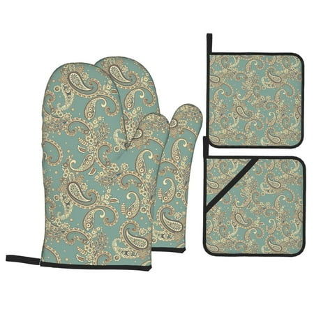 

Oven Mitts and Pot Holders Sets 4 pcs - Paisley Pattern No.9071 Heat Resistant Silicone Oven Gloves with Non-Slip Silicone Surface and hot pads for kitchen Baking Cooking BBQ