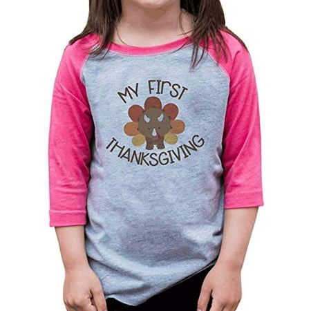 

7 ate 9 Apparel Girls My First Thanksgiving Turkey Dinosaur Raglan Pink