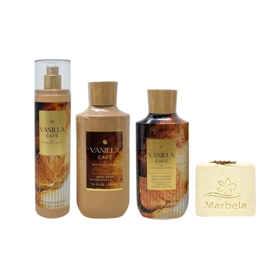 Bath & Body Works Vanilla Café Fine Fragrance Mist, Shower Gel and Body Lotion with a Creamy Rose Bar Soap
