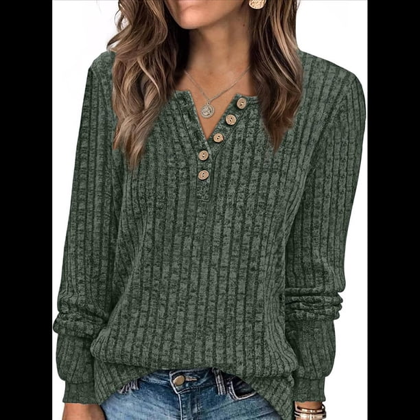 Suéter para Mujer, Camisetas Henley de Larga, Túnicas para Usar con Leggings, Suéteres de Cuello Redondo A . Verde S