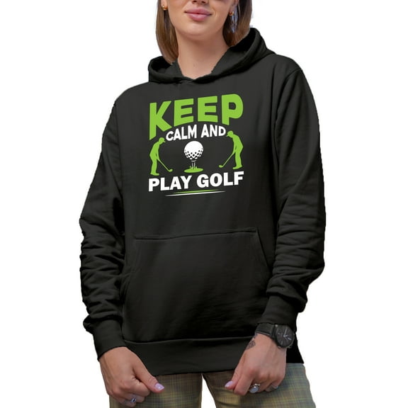 Keep Calm and Play Golf Quote with Ball on a Tee & Golf Player, Golfing or Golfer Themed Merch Gift, Black Hooded Sweatshirt or Hoodie, Small