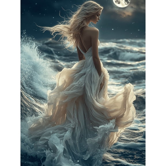 Ethereal Moonlit Ocean Canvas Wall Art, Flowing Dress Mystical Woman Night Sky Dreamy Home Decor