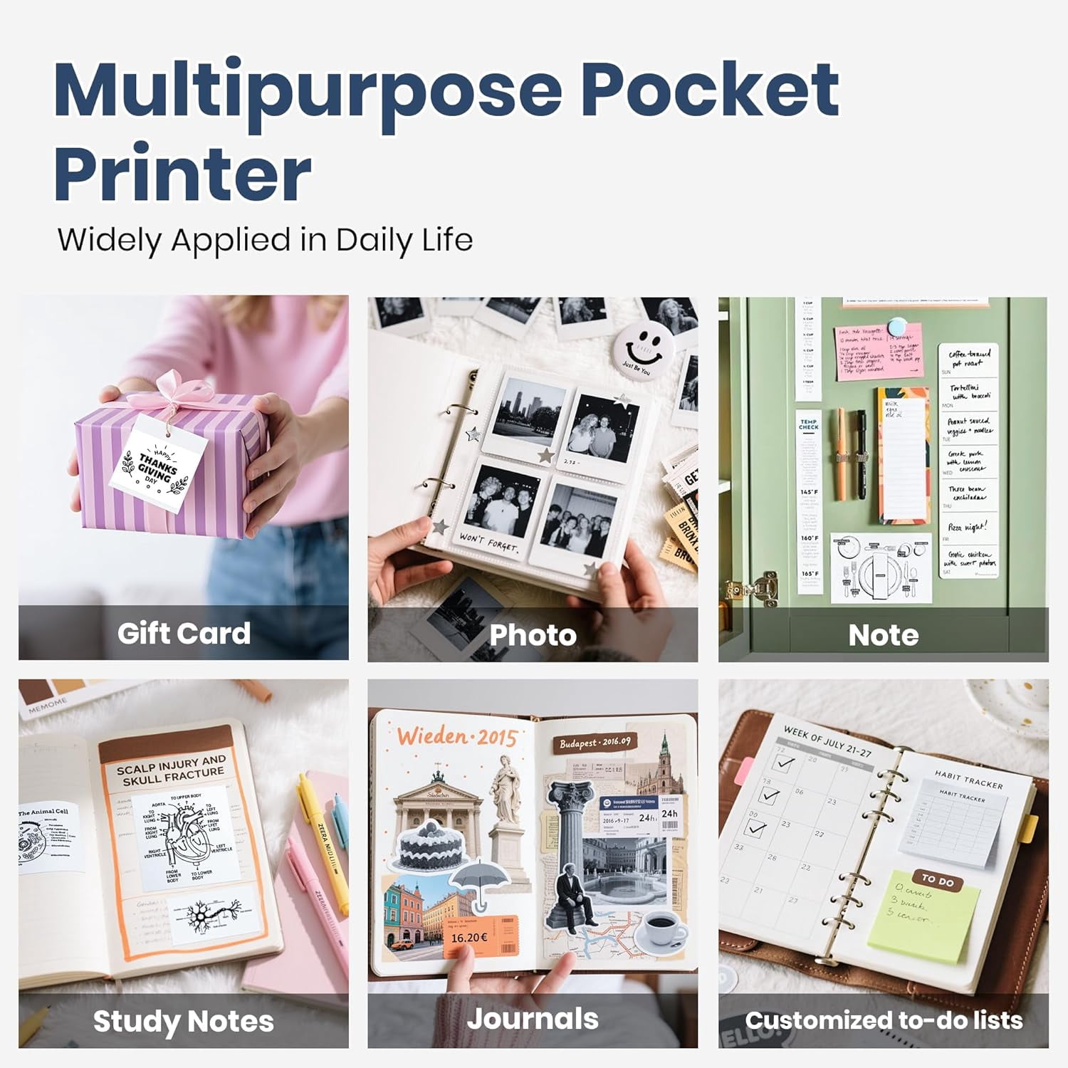 PM290C Portable Sticker Printer, inkless Bluetooth mini printer with 3 paper rolls. For notes, journaling, DIY. Ideal gift for school, office, Christmas. Black