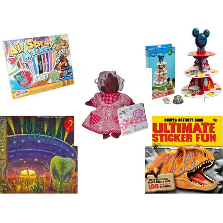 Children's Gift Bundle [5 Piece] -  Grafix Air Spray Markerz - Wilton Mickey Mouse Clubhouse Cupcake Stand Kit  - Gigo  Dream Collection African American Lovely Baby Girl Doll 6
