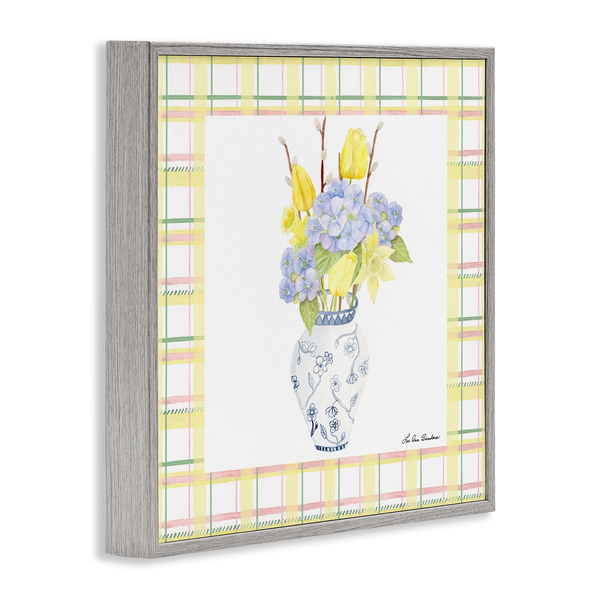 Spring Vase on Yellow Plaid Gray Framed Giclee Art, design by Lee Ann Sanders