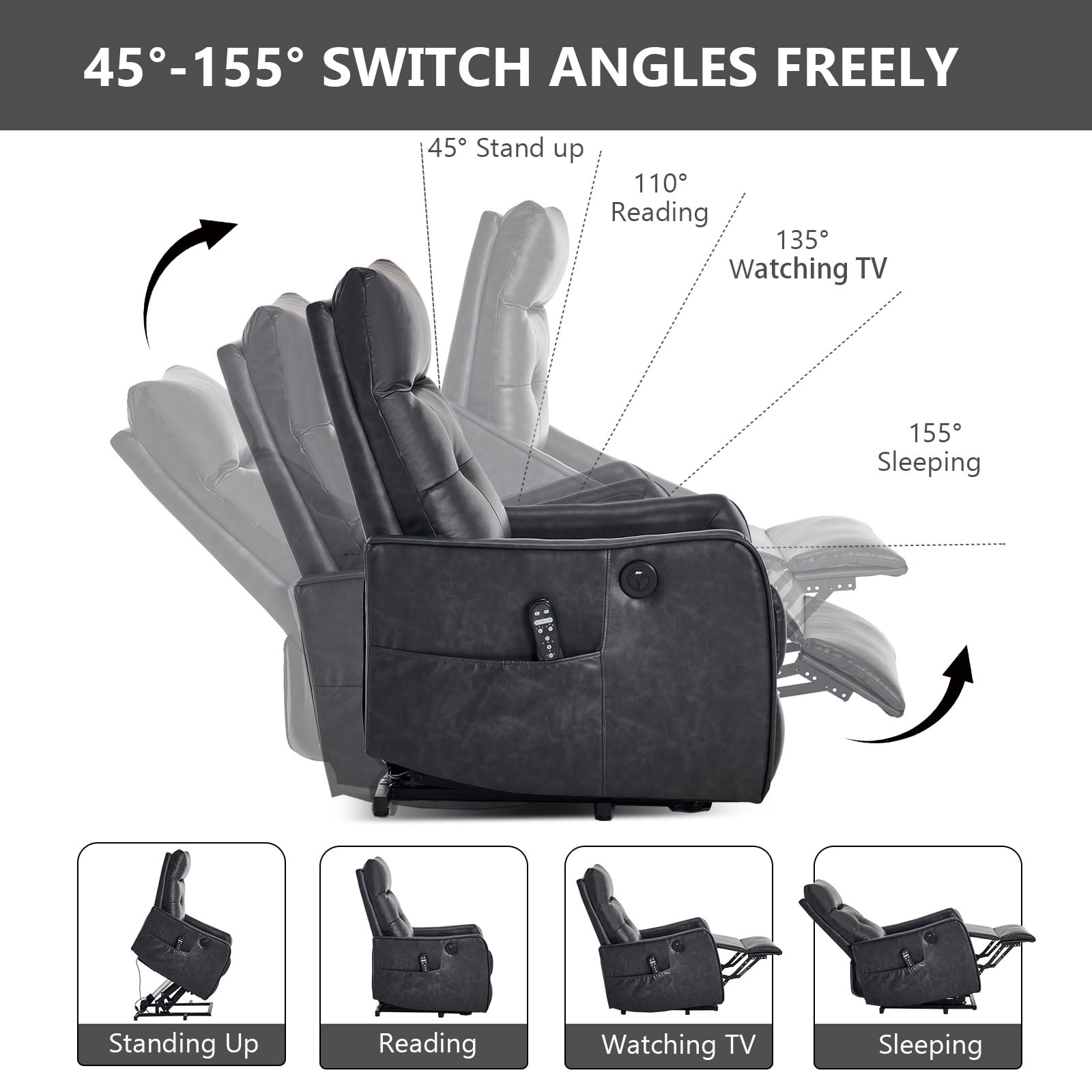 MAYEERTY PU Leather Power Lift Recliner Chair for Elderly, Single Motor Electric Lift Chair with 8-Point Massage & Lumbar Heat, USB Charging Port, for Living Room