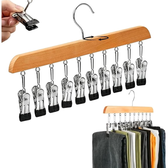 Closet Organizer with 10/12 Clips, Wooden 360° Rotating Adjustable Metal Clip Hanger,Space-Saving Hat Scarf Clothespins for Jeans Skirts Socks Pant Hangers with Clips
