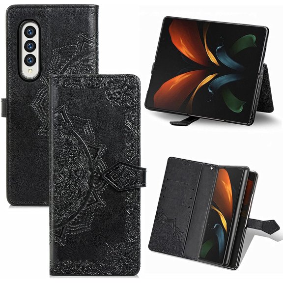 Samsung Galaxy Z Fold3 5G Mandala Wallet Case,Slim 3D Flip Leather Magnetic Closure with Credit Card Holder & Hand Strap Flip Folio Closure Phone Case for Samsung Galaxy Z Fold3 5G MTL Black