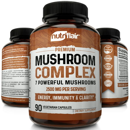NutriFlair Mushroom Supplement 2500MG - 90 Capsules - 7 Organic Mushrooms - Reishi, Lions Mane, Cordyceps, Chaga, Turkey Tail, Maitake, Shiitake Nootropic Complex - Brain, Immune System, Energy,