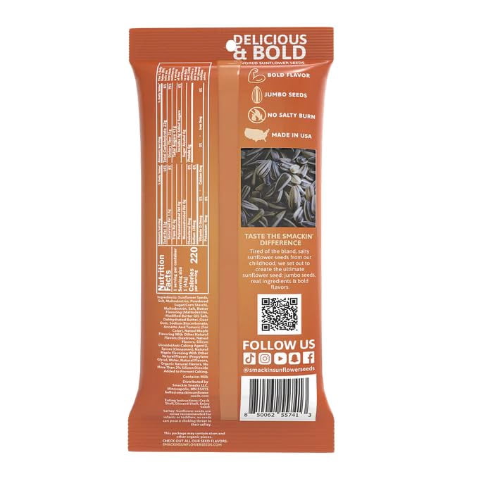 SMACKIN' Sunflower Seeds, Roasted Jumbo Small-Batch, American Made - Maple Brown Sugar.1.5oz bags (54 Pack Bucket)