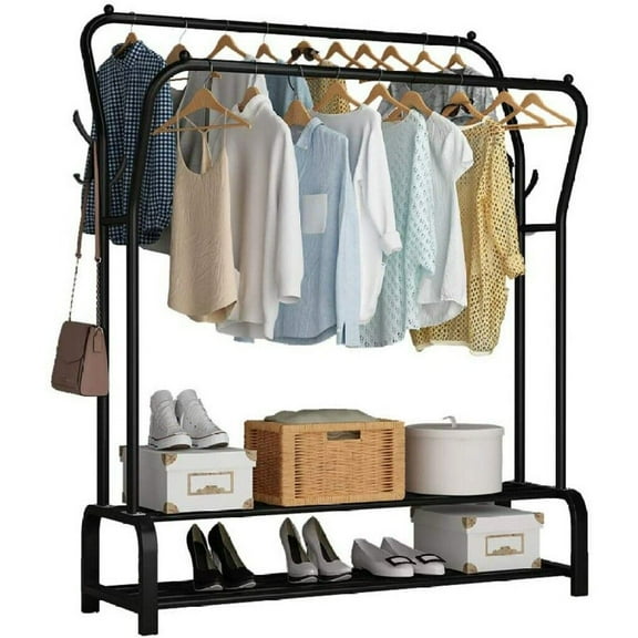Heavy Duty Double Rod Clothing Rack Hanging Garment Rack with Bottom Storage Shelf, Freestanding Metal Clothes Rack,Black