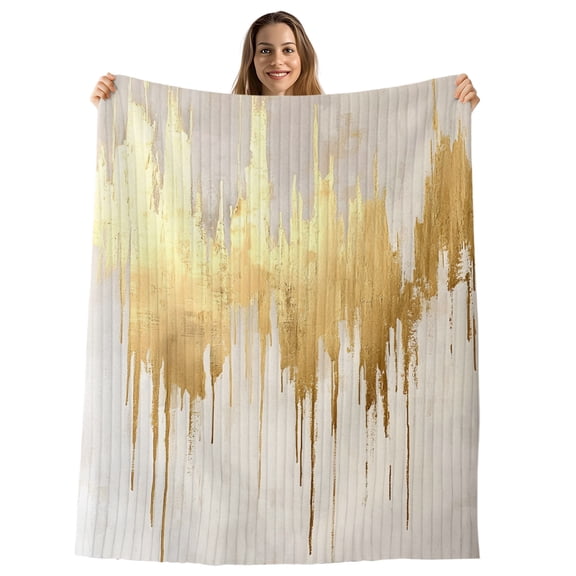 Modern Gold Throw Blanket, Flannel Fleece Blanket with Striped Design for Couch, Abstract Minimalist Grunge Art Color Block Soft Breathable All Season Plush Blankets for Sofa Chair Travel 32"x48"