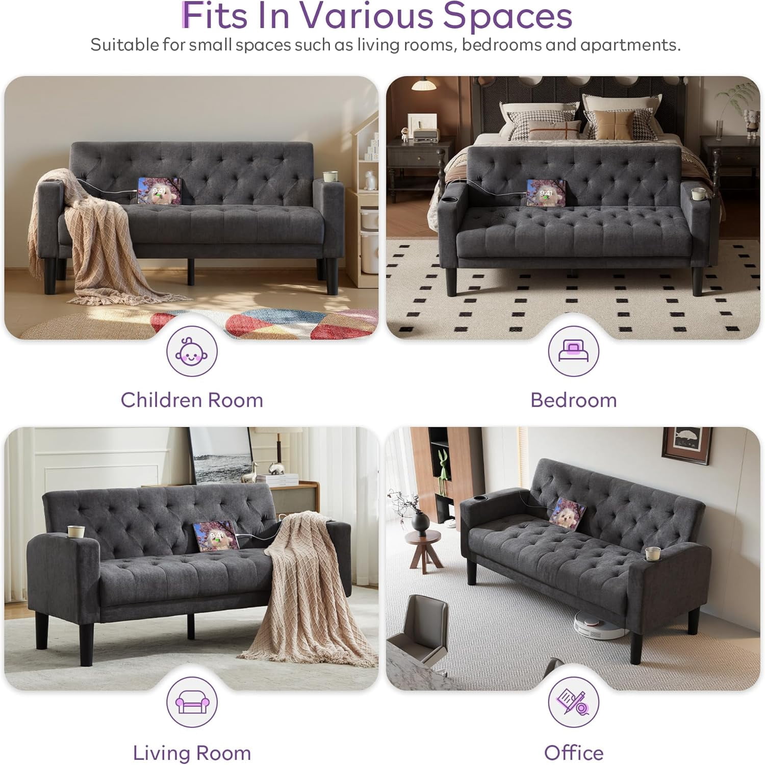 LAZZO 62" Loveseat Sofa, Tufted Couch with USB Ports and Cupholders for Living Room, Office and Bedroom, Dark Gray