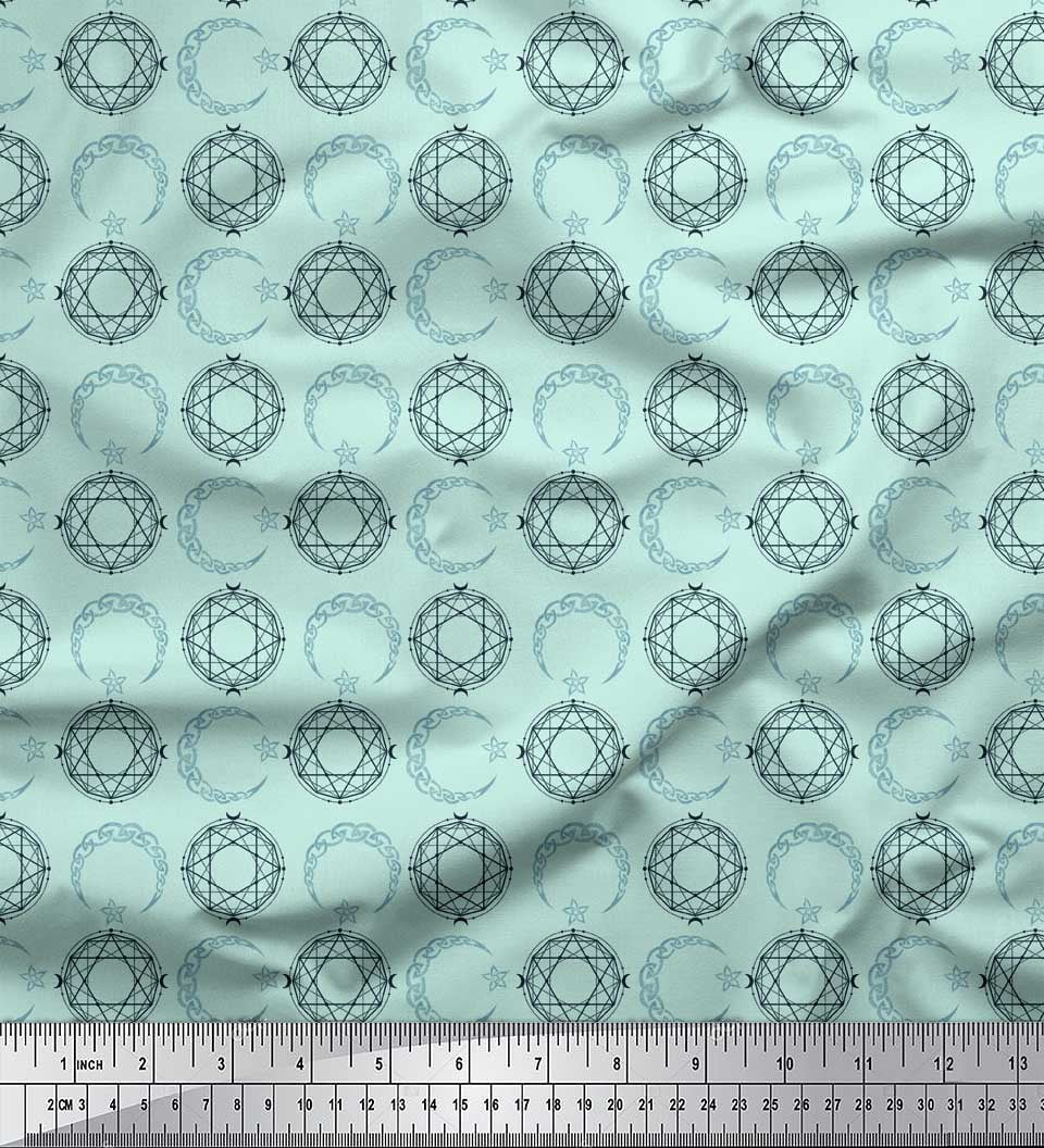 Soimoi Poly Georgette Green Fabric - Circle & Olive Leaves Print 42 Inches Wide By The Yard