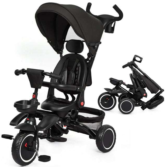 Yiwa Tricycle Pliable pour Bébé, Poussette Tricycle 7 en 1 pour Tout-Petits de 1 à 5 Ans, Tricycle avec Harnais de Sécurité, Poignée de Poussée Réglable, Panier de Rangement, Porte-Gobelet, Tricycle à Chevaucher