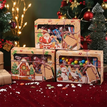 Uutvery 3 Pack Christmas Cookie Boxes with Window,Christmas Eve Pastry Boxes with Ribbons and DIY Gift Tags,8.66''x5.91''x 2.76'' Xmas Bakery Goods Boxes,Kraft Paper Christmas Gingerbread Box