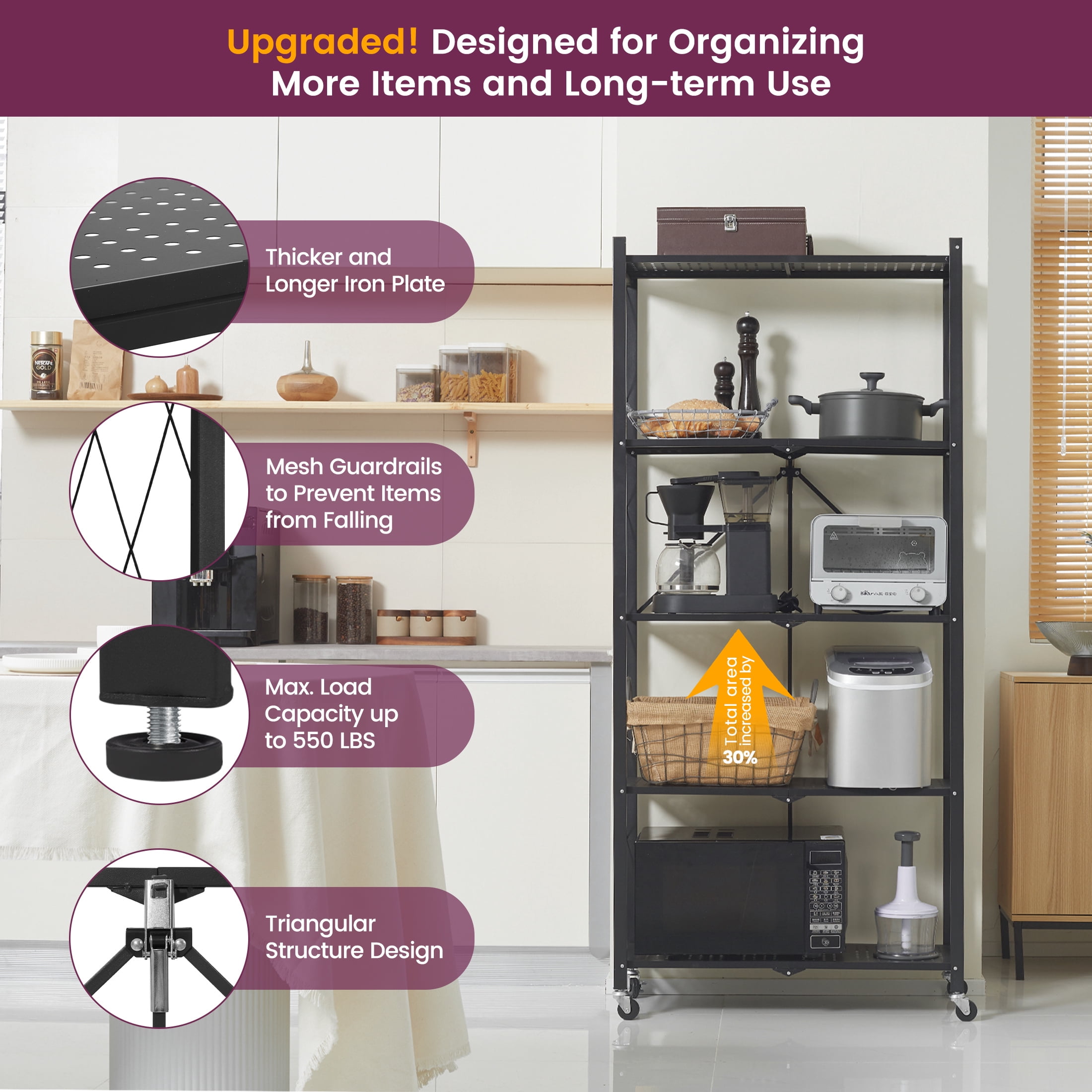 Nbcleanic 70.7" H 5-Tier Storage Shelves with Wheels, Black, 2 Pack