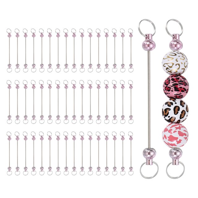 50pcs Beadable Keychain Bar, Beadable Keychains Blanks Beaded Keychain Bar Bulk Key Chain Rod Making Charm for Beads Jewelry Making DIY Focal Bead Crafts Backpack, Pink