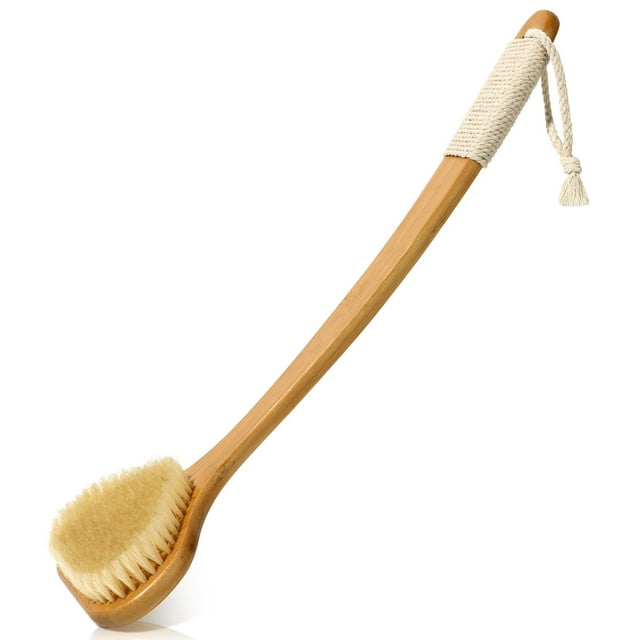 Depurador de espalda de bambú eaxun con mango largo y curvo, cepillo de ducha exfoliante de 17,3 pulgadas con cerdas duras para hombres y mujeres, exfoliante corporal para baño o cepillado en seco