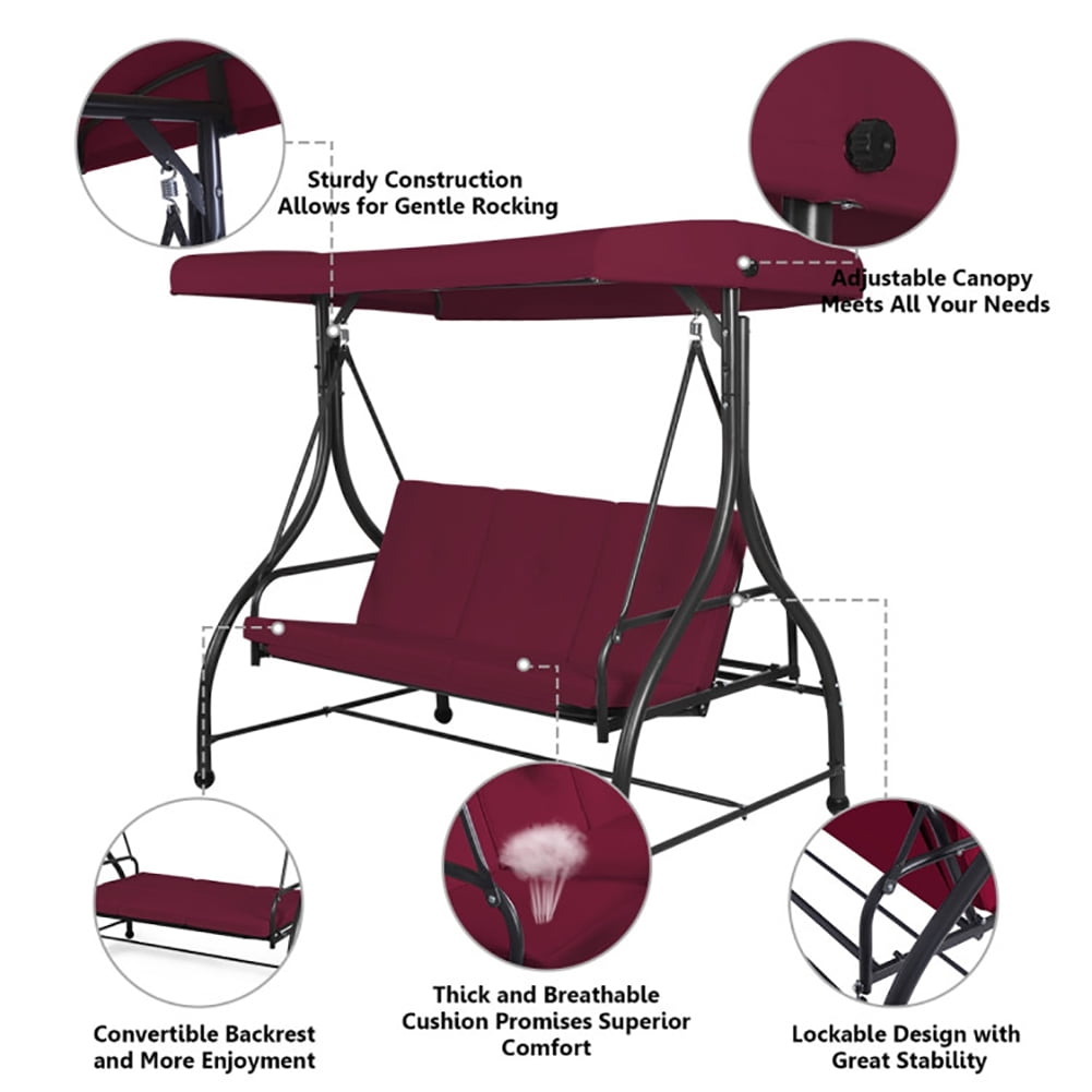 Aimee Lii 3 Seats Converting Outdoor Swing Canopy Hammock with Adjustable Tilt Canopy, Swing Chair Outdoor, Dark Red Aimee Lii 3 Seats Converting Outdoor Swing Canopy Hammock with Adjustable Tilt Canopy, Swing Chair Outdoor, Dark Red