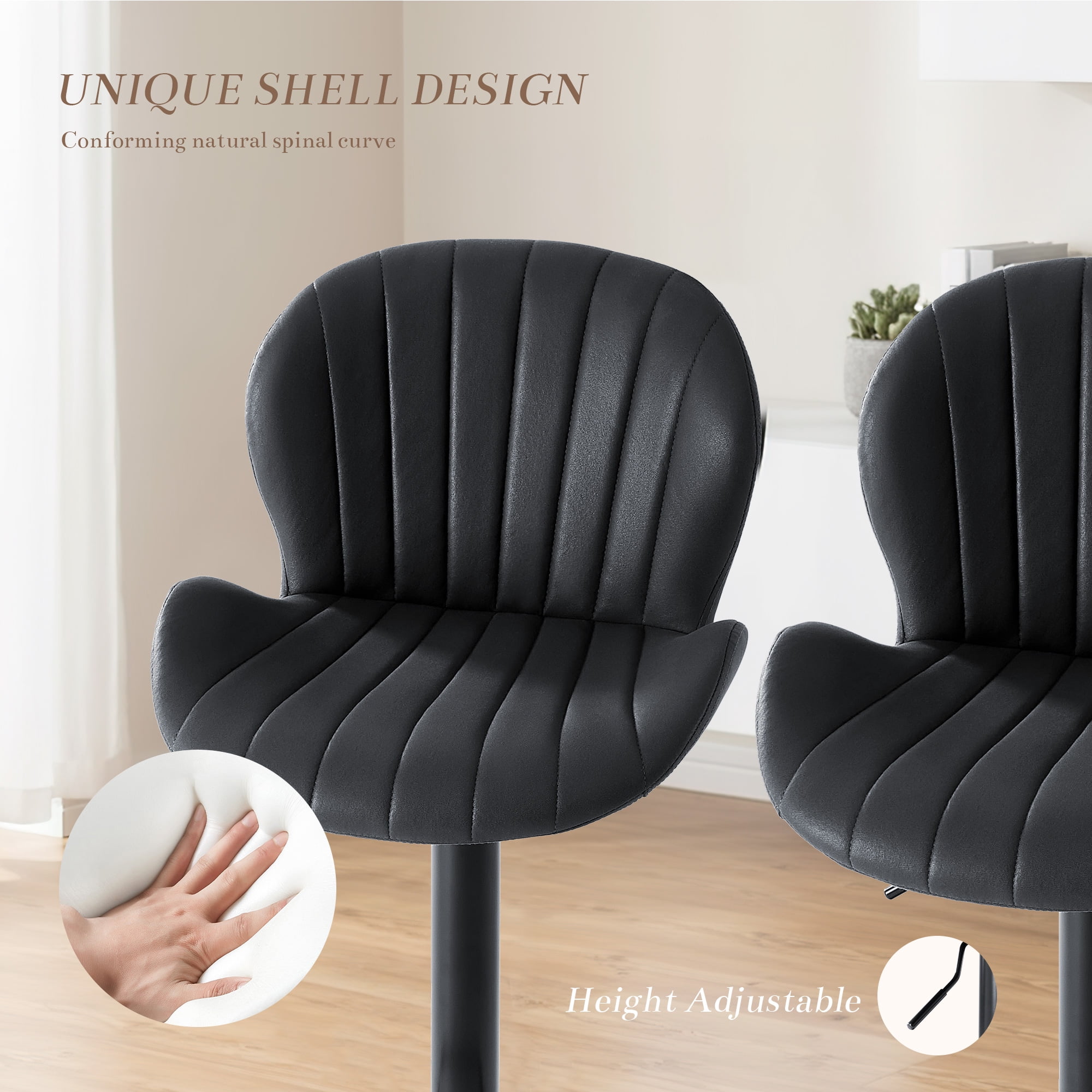 CONCETTA Set of 2 Swivel Bar Stools, Adjustable Height Modern Fabric Upholstered Barstools Counter Bar Chairs with Backrest for Kitchen Island & Home Bar, Black
