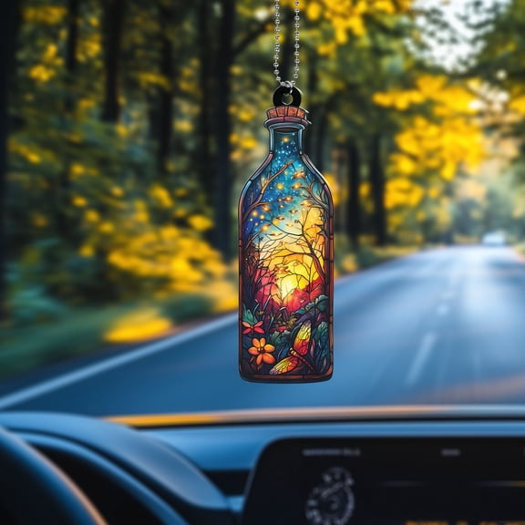 Window Hanging Acrylic Bottle Lantern, Car Decoration, Stained Glass Suncatcher with Magical Forest Scene, Fairy Lights, Unique Gift for Dad or Mom, Home Décor Art