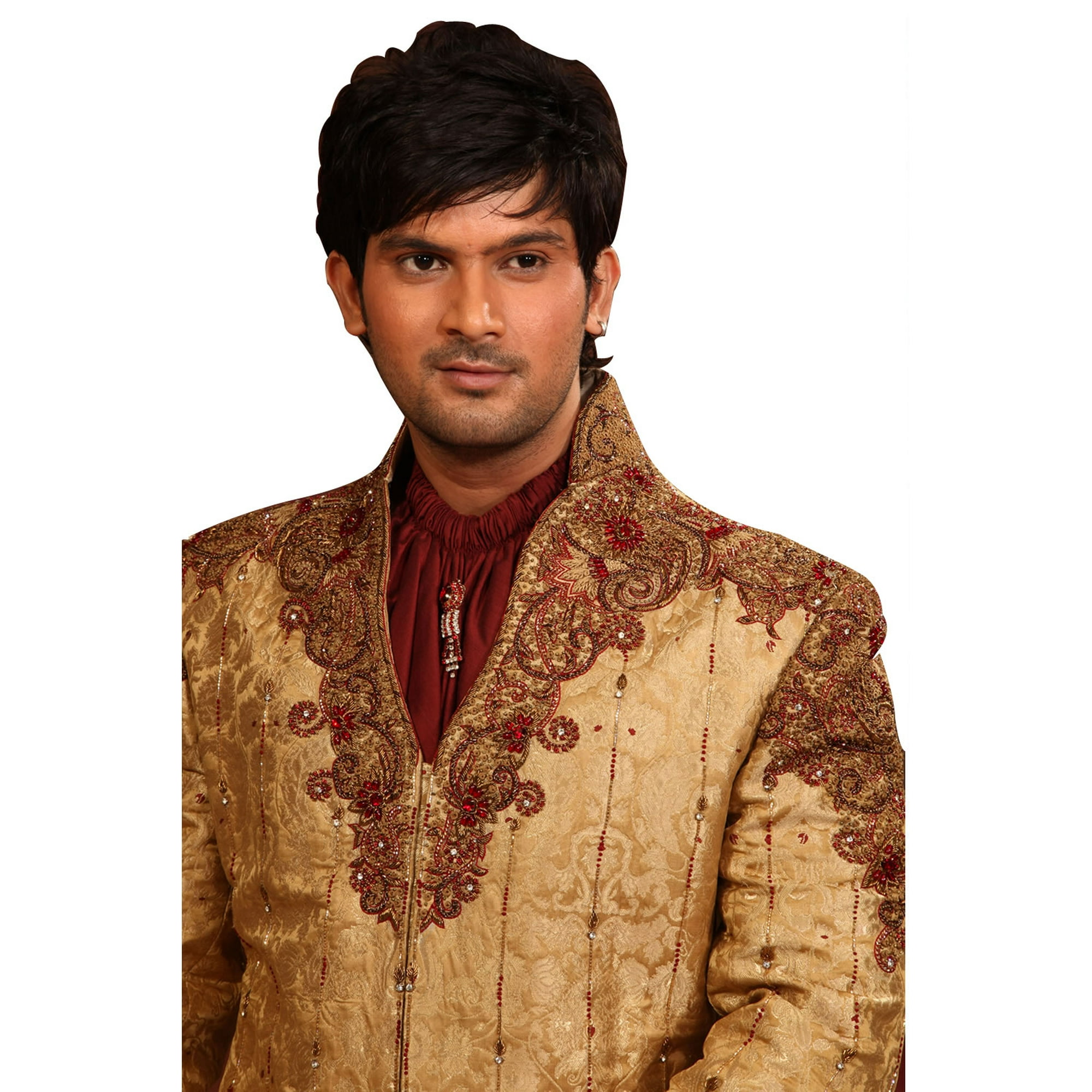 Stylish V Neck Gold Indian Wedding Sherwani Kurta Pajama For Men. This product is custom made to order