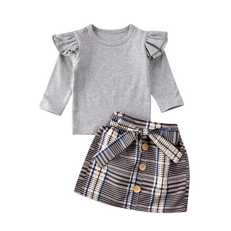 

2Pcs Toddler Kids Baby Girls Skirt Outfits Ruffle Cotton T Shirt Tops Bow Plaid Button Casual High Waist A-Line Mini Short Skirt