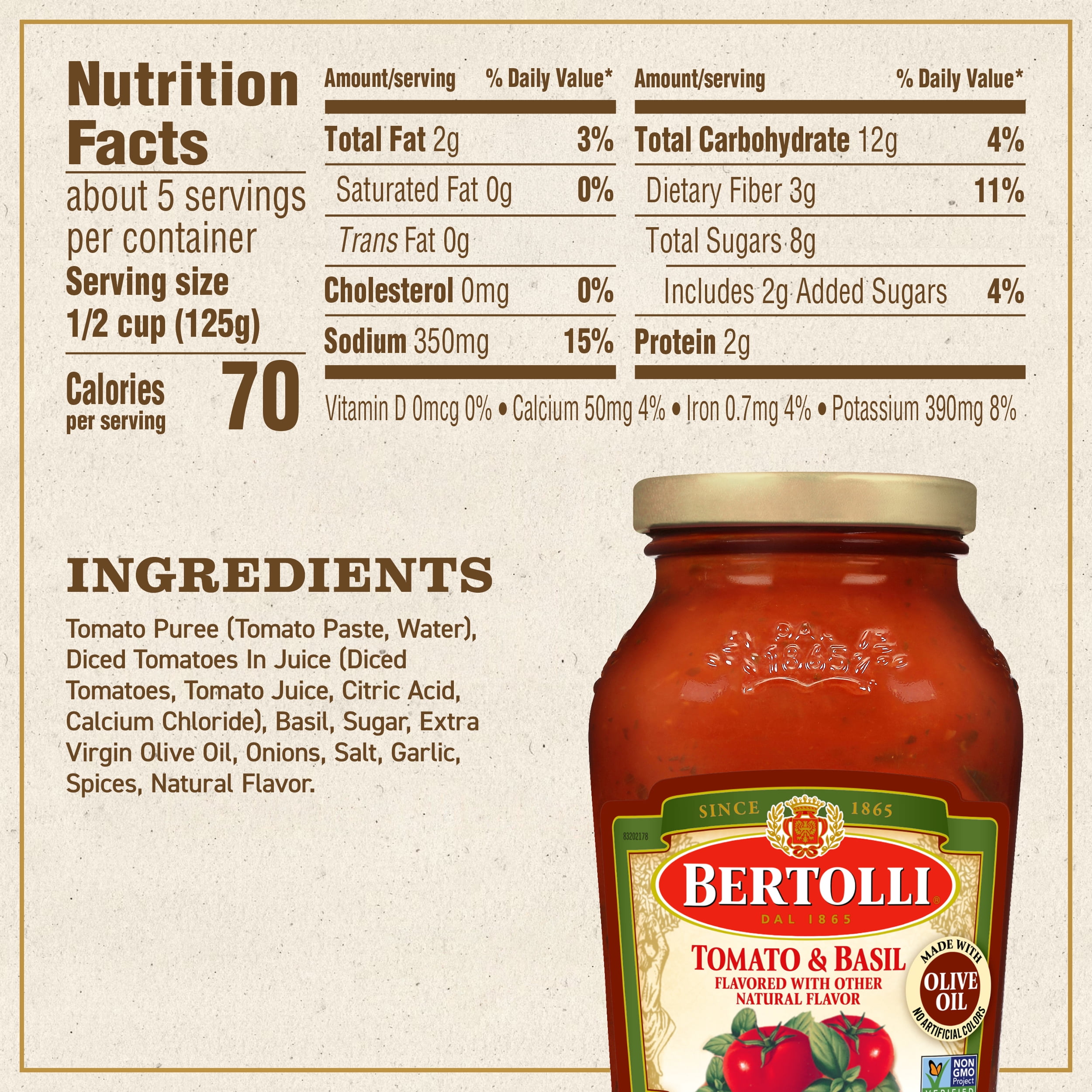 (12 pack) Bertolli Tomato and Basil Pasta Sauce, Spaghetti Sauce, 24 oz